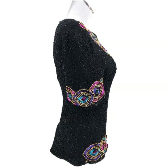 Stenay LARGE VINTAGE 80s 100% SILK Black Multi Beaded Sequin Top Short Sleeve - Picture 2 of 7